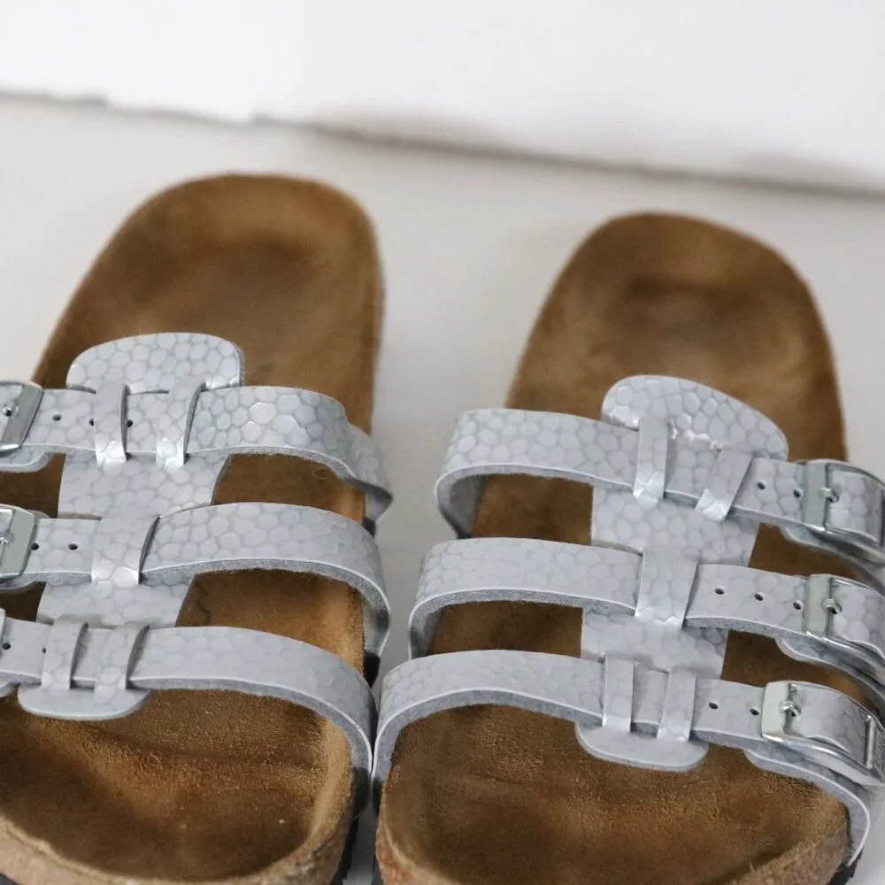 Birkenstock Birki's Xenia 3 Strap Slip On Sandals Womens 38 7 7.5 Silver Slide